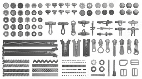 Sewing Accessories Vector Set: Buttons, Zippers, Buckles and Toggles in Grayscale
