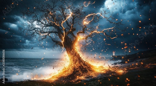 Solitary tree ablaze with glowing fire and lightning on a stormy coastline, embers swirling over roaring sea and a distant lighthouse, dramatic and ominous