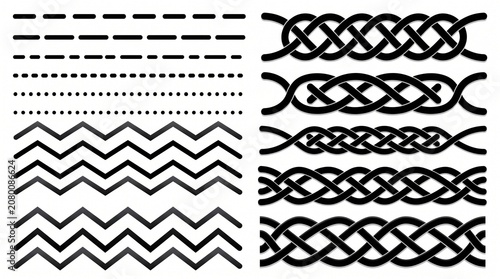 Set of Decorative Borders, Dotted Lines, Zigzags and Interlaced Celtic Knot Brushes