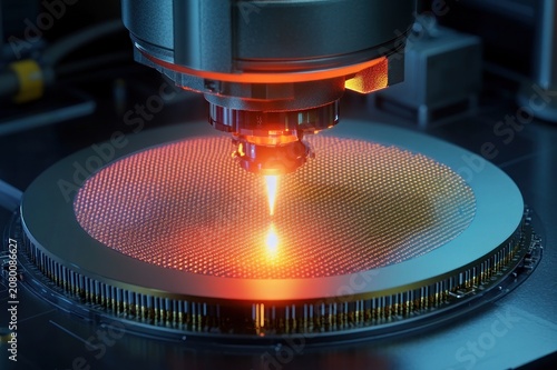 Robotic machining head emitting an orange laser onto a patterned silicon wafer with plated edge pins under cool blue industrial lighting, conveying intense precision and focus