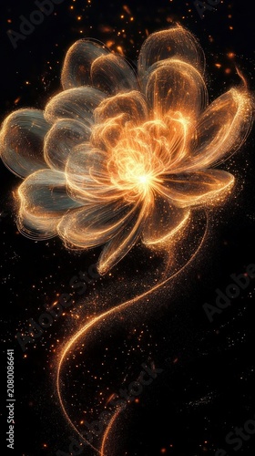 glowing golden flower of light with swirling petals and sparkling particles, ethereal and mesmerizing