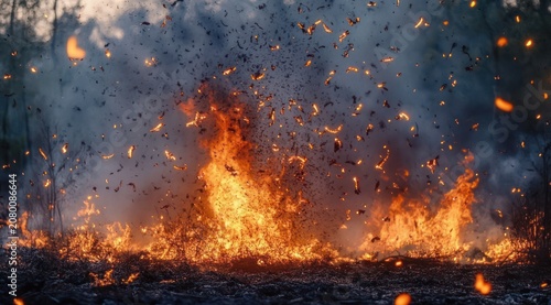 intense wildfire consuming dry underbrush and trees with roaring orange flames, flying embers and thick smoke, a chaotic dangerous scene of destruction