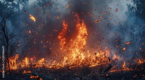 raging forest fire with towering orange flames, swirling embers, thick smoke and scorched vegetation under a dark smoky sky, conveying danger and destructive intensity
