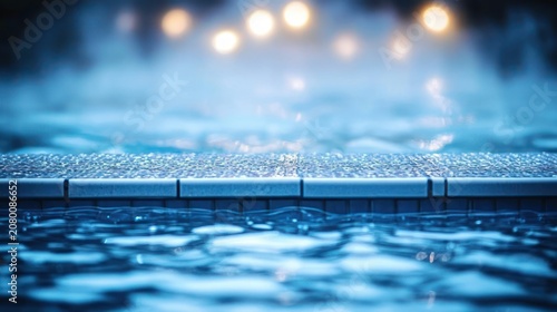 wet tiled pool edge with rippling blue water, soft glowing lights and misty atmosphere conveying serene, dreamy calm at night