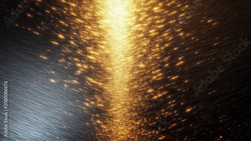 mesmerizing warm golden light reflected on brushed metal surface with scattering glowing sparks and a radiant vertical streak