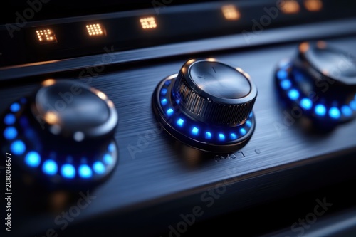 close-up of three illuminated metal control knobs with blue led rings on a brushed metal panel and small square indicator lights, sleek futuristic tactile precision