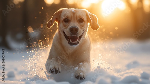 Happy dog running in snow