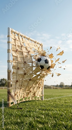 Soccer ball breaking through parchment goal net on sunny field, conceptualizing freedom and independence.