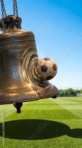 Soccer ball striking cracked liberty bell over stadium field, symbolizing international sports freedom and patriotic independence.