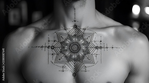 Geometric mandala chest tattoo design