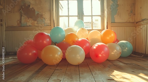 Colorful balloons pile on wooden floor