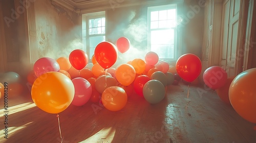 Colorful balloons filling empty room