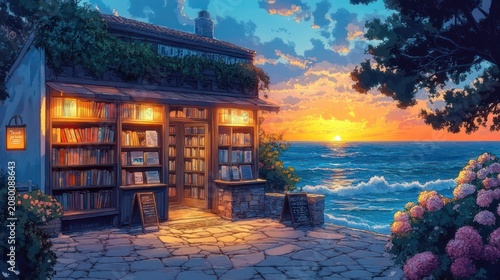 Cozy seaside bookshop with warm glowing lights on a stone patio, blooming hydrangeas and chalkboard signs overlooking ocean waves at golden sunset, peaceful and inviting