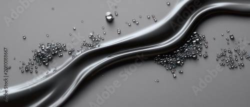Two silvery flowing ribbons of liquid metal with scattered metal beads and pellets on a matte surface, sleek minimalist composition evoking calm futuristic elegance