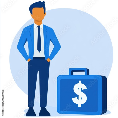 confident businessman in blue suit standing with hands in pockets beside large briefcase marked with dollar sign
