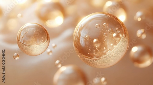 Floating translucent golden bubbles with internal microbubbles against a soft warm bokeh background, evoking a serene dreamy luminous atmosphere