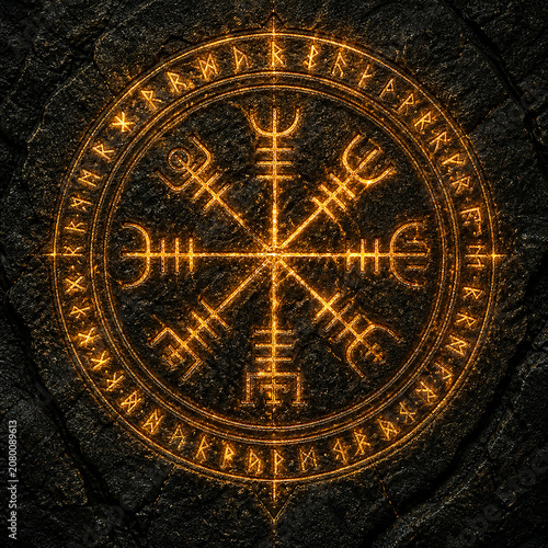 Glowing Viking runic compass symbol on dark stone background.