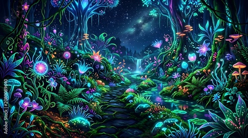 Enchanted forest with glowing mushrooms and plants.