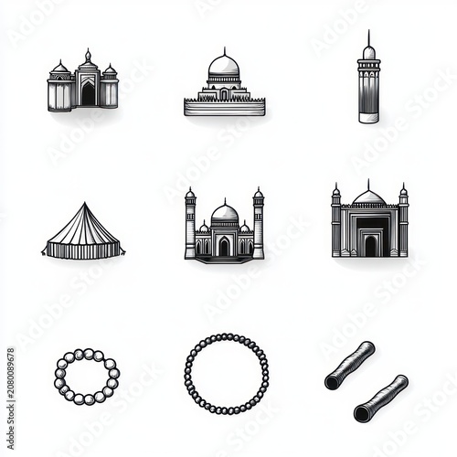 black and white line-drawn icons of mosque facades, domes, a tall minaret, a tent, prayer bead bracelets and wooden prayer handles evoking calm spirituality