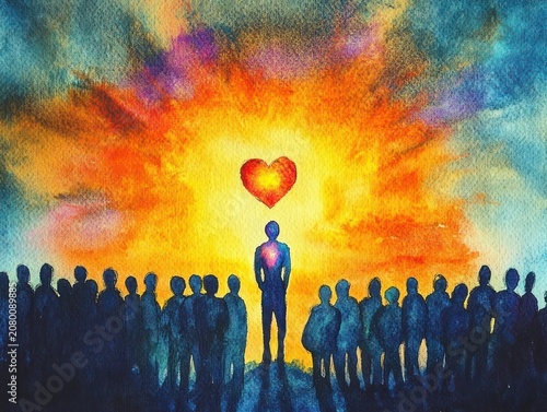 Silhouetted crowd facing a radiant sunrise with a glowing heart above a central illuminated figure, watercolor sky in blues and oranges evoking hope, unity and compassion