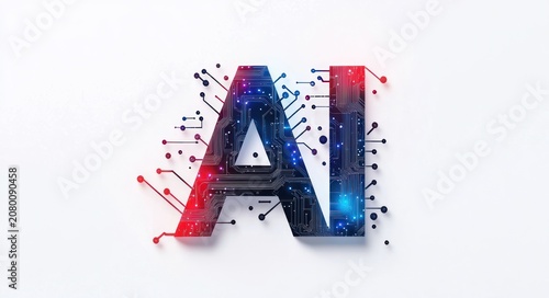 glowing ai letters with circuit board patterns and red and blue illuminated nodes conveying futuristic energy