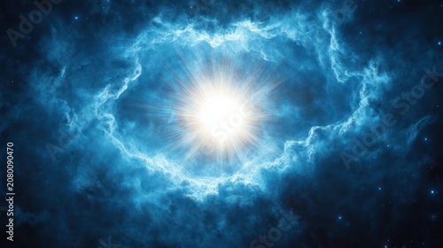 brilliant central star bursting with radiant light amid swirling blue nebula clouds, evoking awe and cosmic mystery