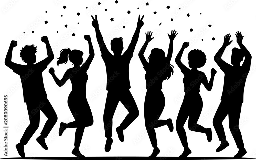 Fototapeta premium Dancing people silhouettes celebrating with confetti in a festive mood vector graphic