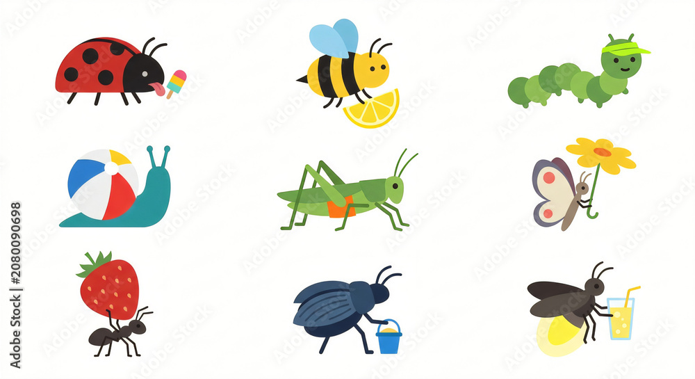 Fototapeta premium Kawaii Summer Insects Flat Vector Sticker Set Isolated on White