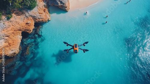 Drone hovers over turquoise beach