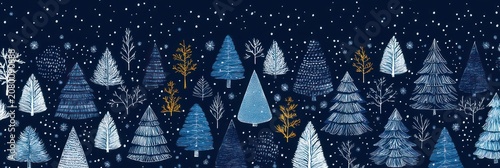 whimsical winter forest of blue, navy and white stylized fir and bare trees with gold twig accents under falling snow on a deep navy sky, peaceful festive mood