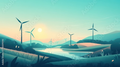 Tranquil sunrise over a river and rolling hills with wind turbines, wild grasses, flowers, and butterflies