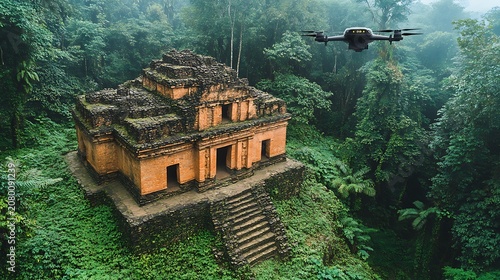 Aerial view of ancient temple in lush rainforest