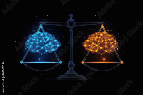 Futuristic balance scale holding glowing blue and orange digital cloud networks with nodes and particles against a dark background, conveying contrast and technological equilibrium