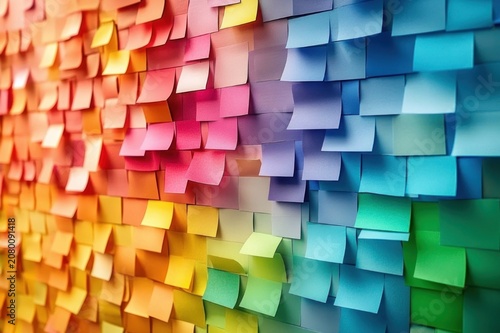 vibrant wall of multicolored sticky notes arranged in a rainbow gradient with curled edges creating a playful, energetic, creative texture