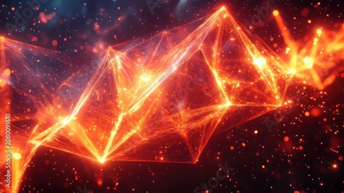glowing orange and red triangular wireframe mesh with bright sparks and floating particles on dark background, dynamic energetic futuristic abstract network
