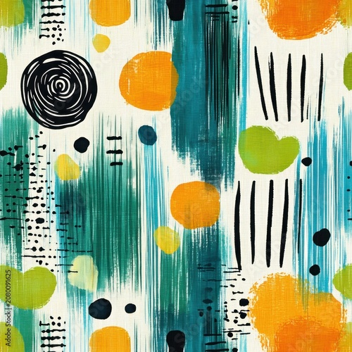 Playful energetic abstract pattern with teal vertical brush strokes, orange circles, lime green blobs, black ink lines, dots and spiral on textured canvas