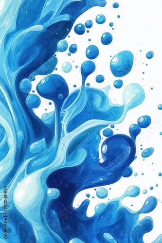 energetic blue liquid splash with flowing waves and suspended droplets on white background, dynamic and refreshing aquatic motion
