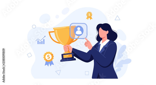 Businesswoman holding trophy with user profile icon, celebrating success and achievement in career or competition