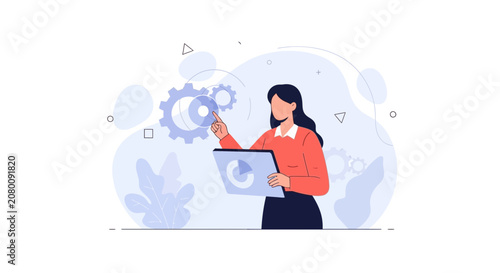 Businesswoman Interacting with Digital Interface Showing Gears and Analytics, Concept of Innovation and Strategy