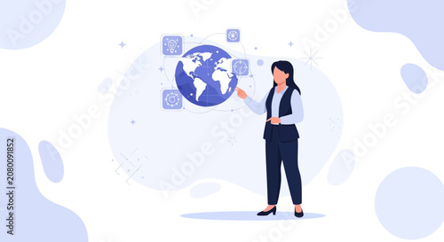 Businesswoman interacting with global network and technology icons, representing innovation and worldwide connections