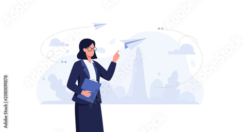Businesswoman launching paper airplane, symbolizing new ideas, communication, and growth