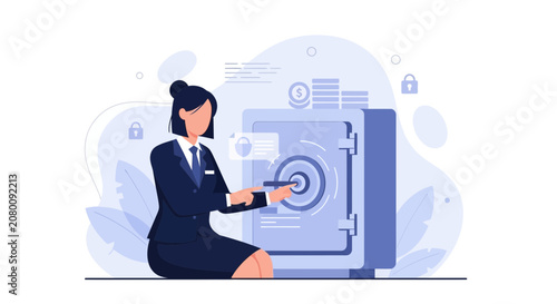 Businesswoman operating a secure safe with money and security icons, representing financial safety and investment protection.