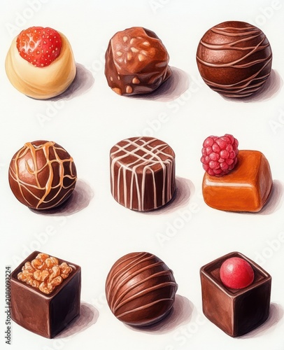 Nine assorted gourmet chocolate truffles and pralines arranged in a neat grid on a white background, with glossy coatings, nut and fruit toppings, evoking indulgent tempting delight