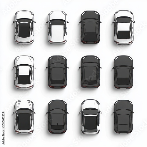 top-down view of sixteen sedans arranged in a neat alternating black and white grid with soft shadows, evoking order and precision