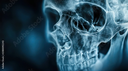 haunting translucent human skull x-ray close-up with blue glow and clinical eerie atmosphere