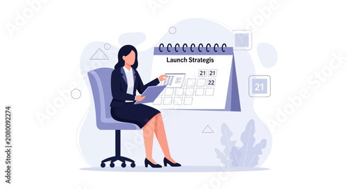Businesswoman Planning Launch Strategy on Calendar, Project Management and Scheduling Concept