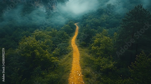 Golden path through misty forest