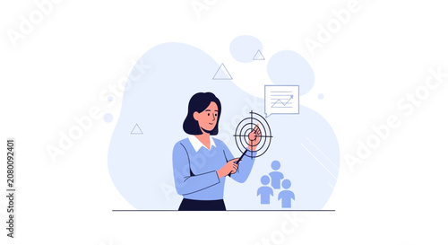 Businesswoman points at target with audience and growth chart, vector illustration concept