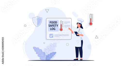 Chef maintaining food safety log, checking temperature records with clipboard and thermometer illustration