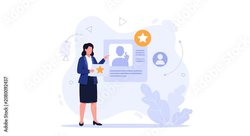 Businesswoman presenting candidate profile with star rating for recruitment or evaluation